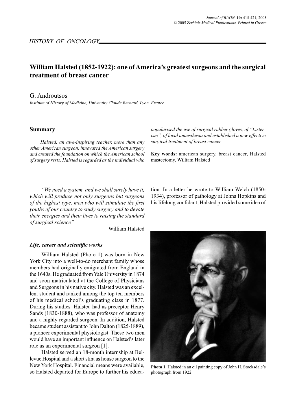 William Halsted (1852-1922): One of America’S Greatest Surgeons and the Surgical Treatment of Breast Cancer