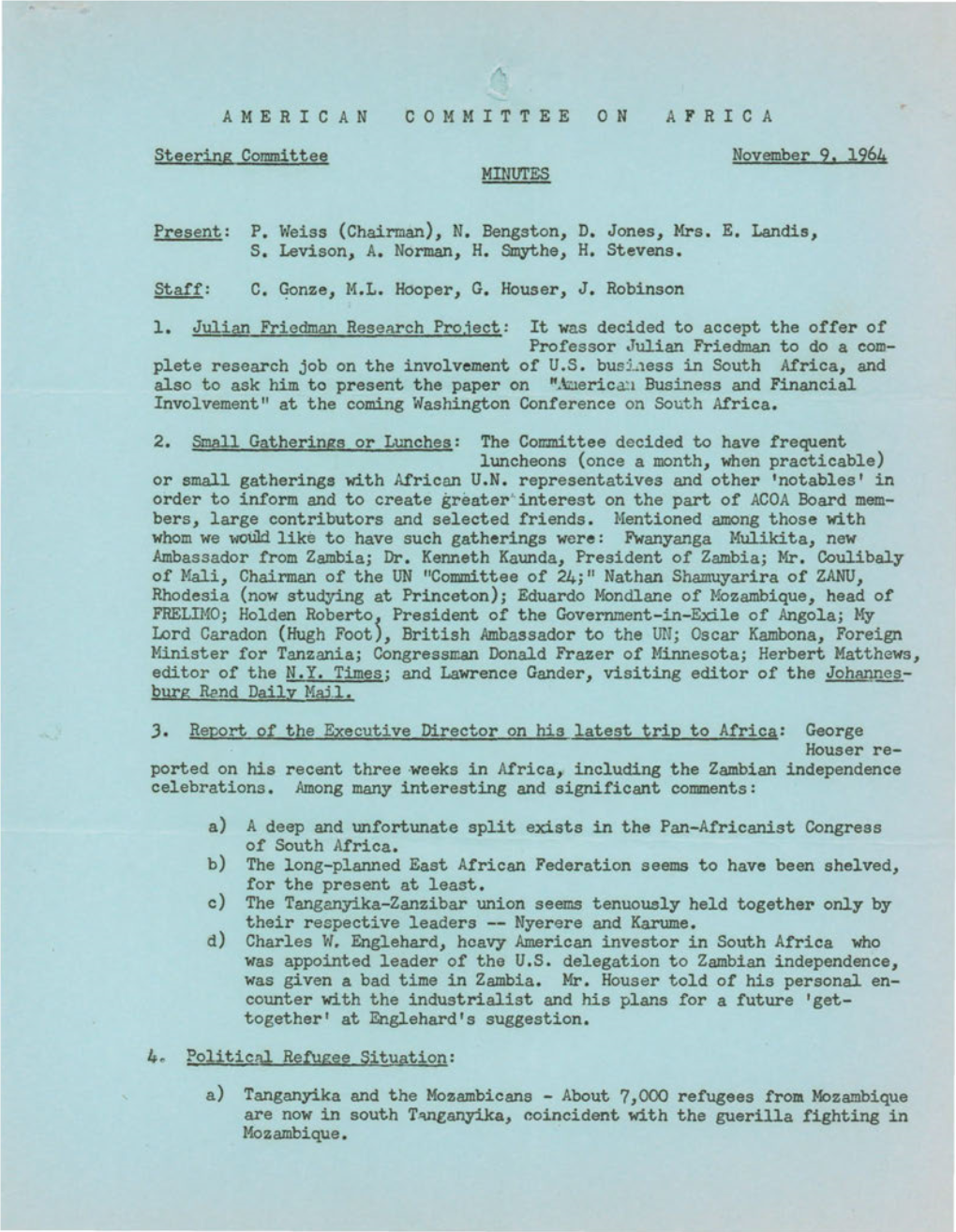 A F R I C a Steering Committee November 9, 1964 MINUTES