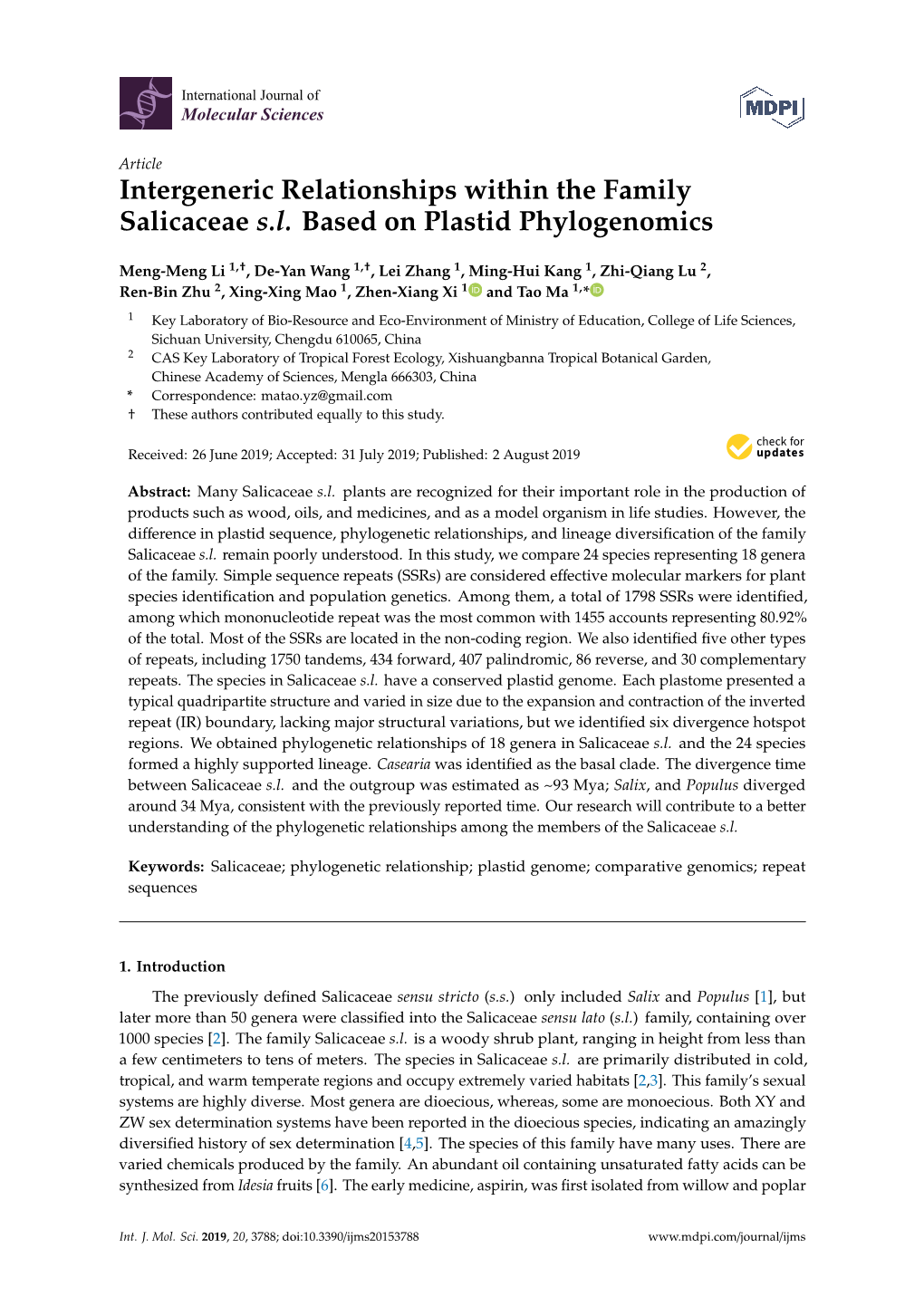 Intergeneric Relationships Within the Family Salicaceae S.L. Based on Plastid Phylogenomics