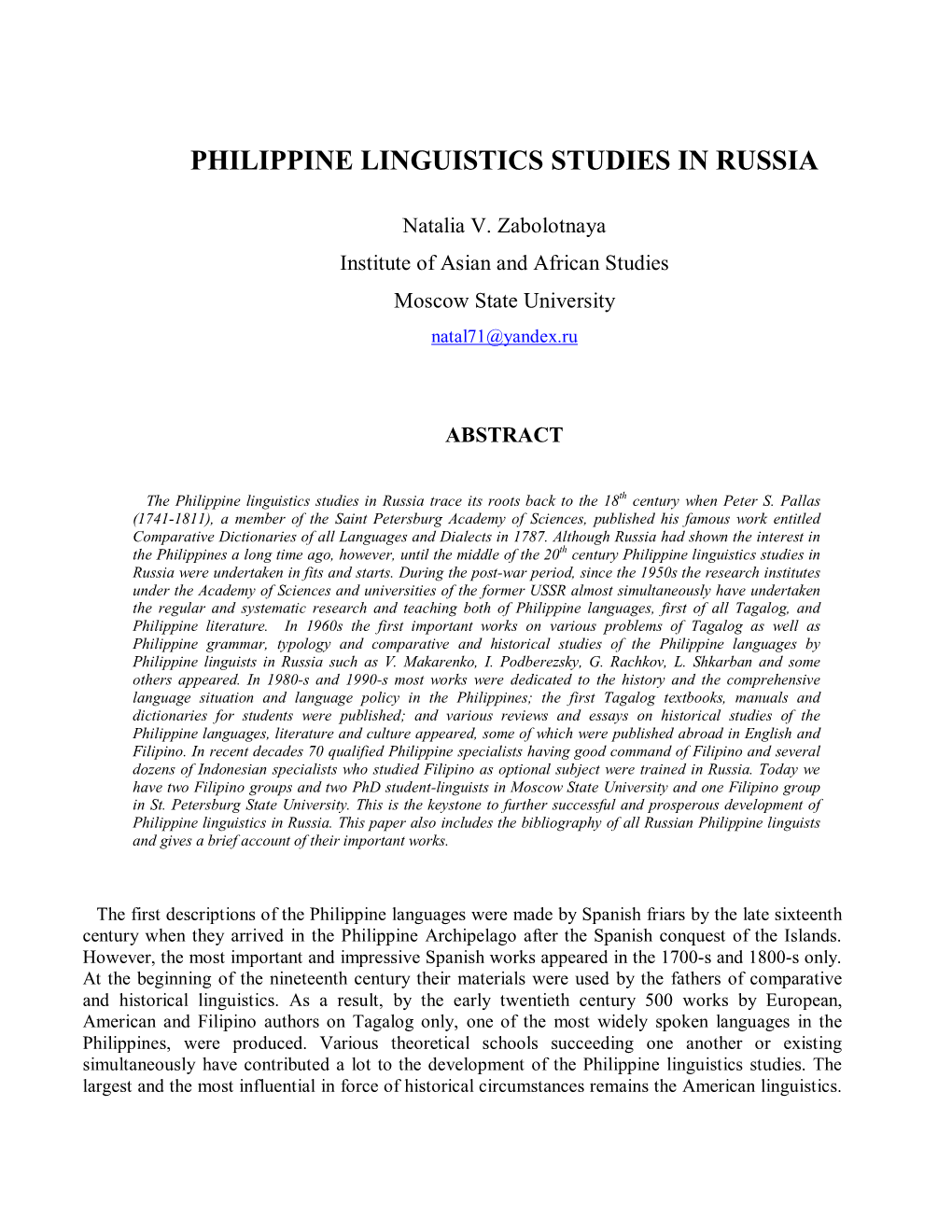 Philippine Linguistics Studies in Russia