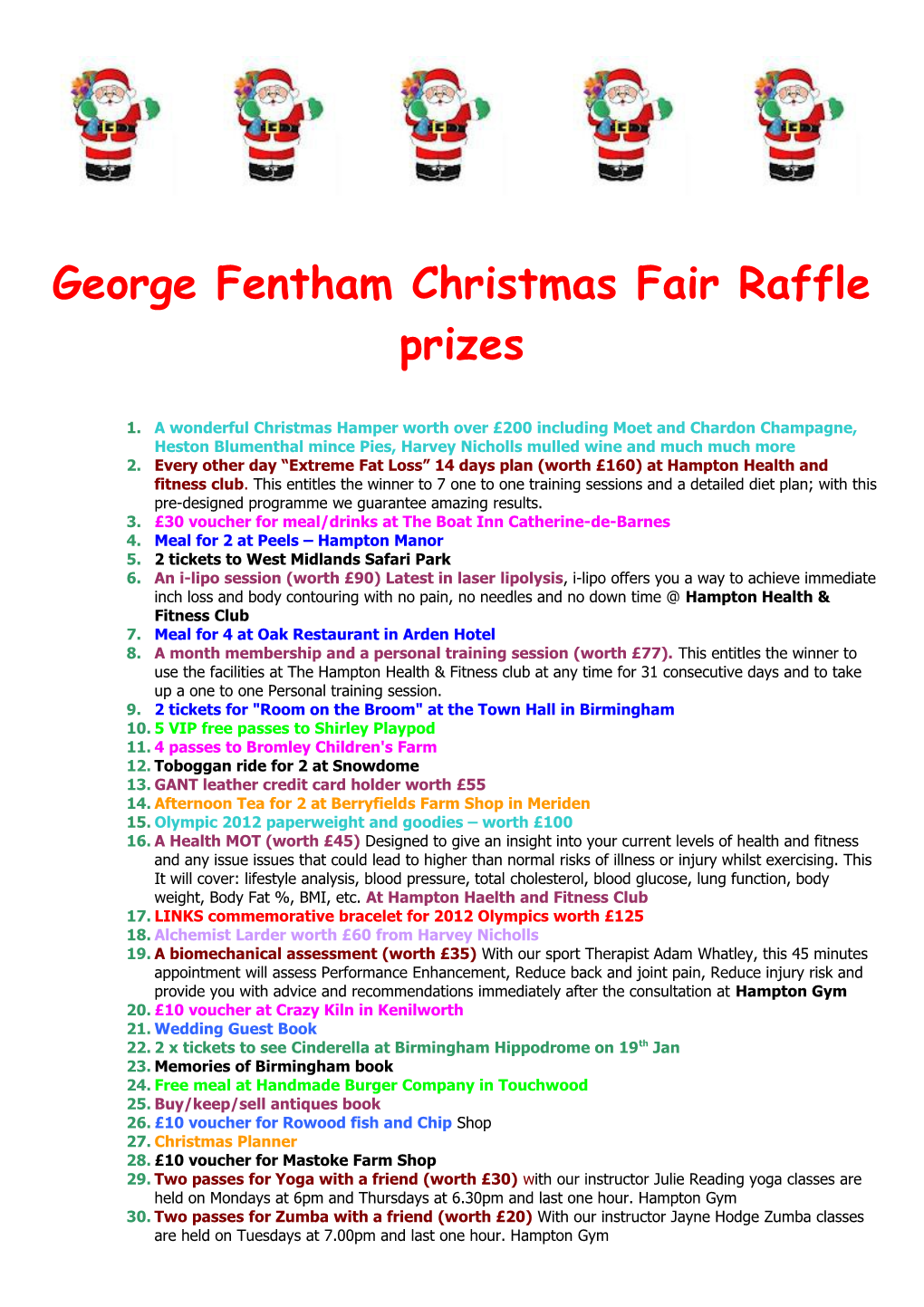 George Fentham Christmas Fair Raffle Prizes