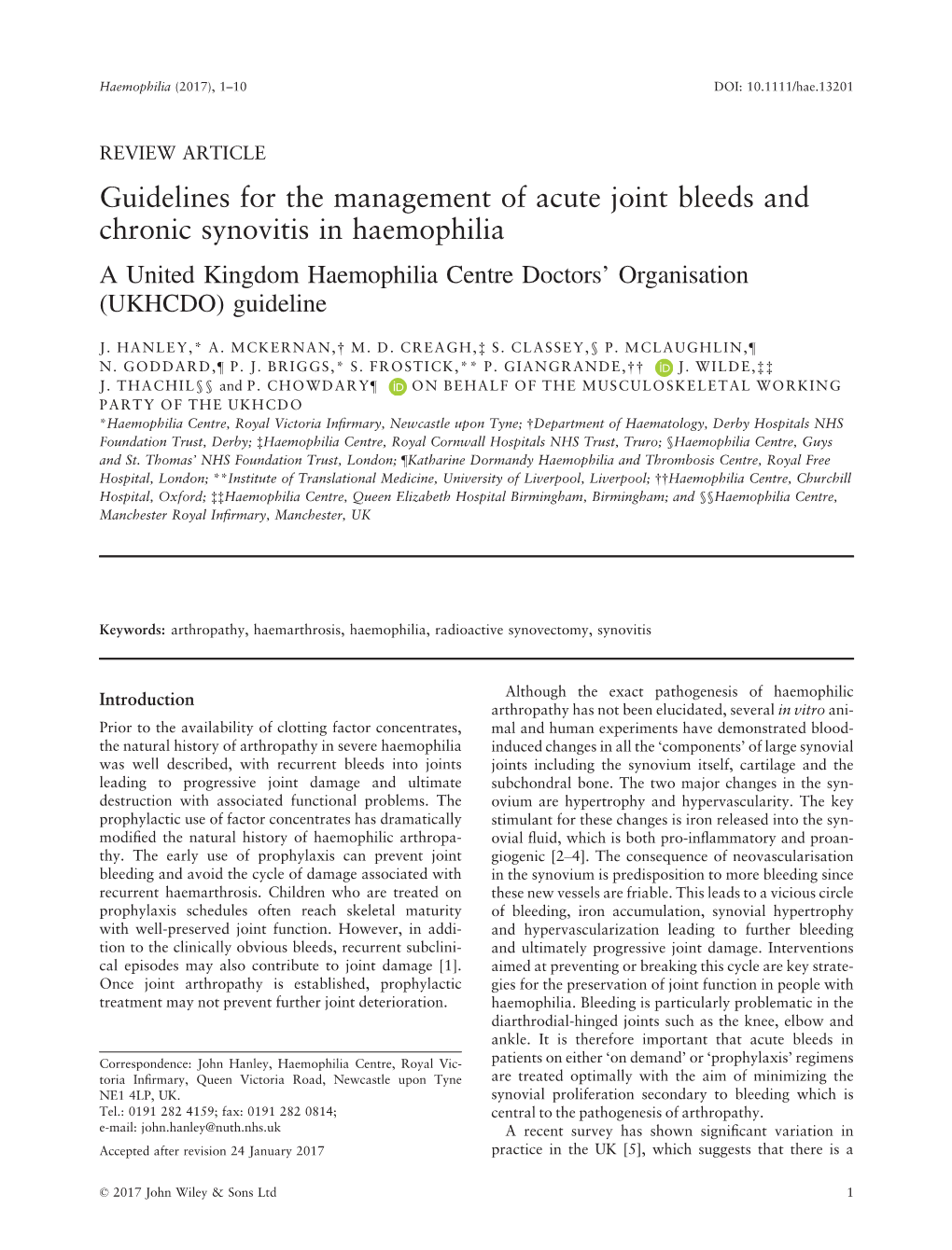 Guidelines for the Management of Acute Joint Bleeds and Chronic Synovitis in Haemophilia a United Kingdom Haemophilia Centre Doctors’ Organisation (UKHCDO) Guideline