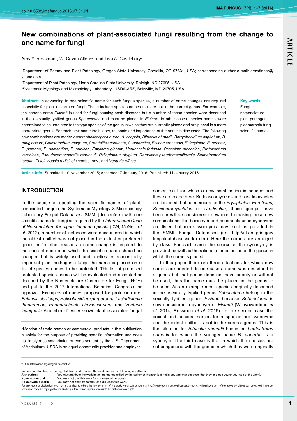 AR TICLE New Combinations of Plant-Associated Fungi Resulting