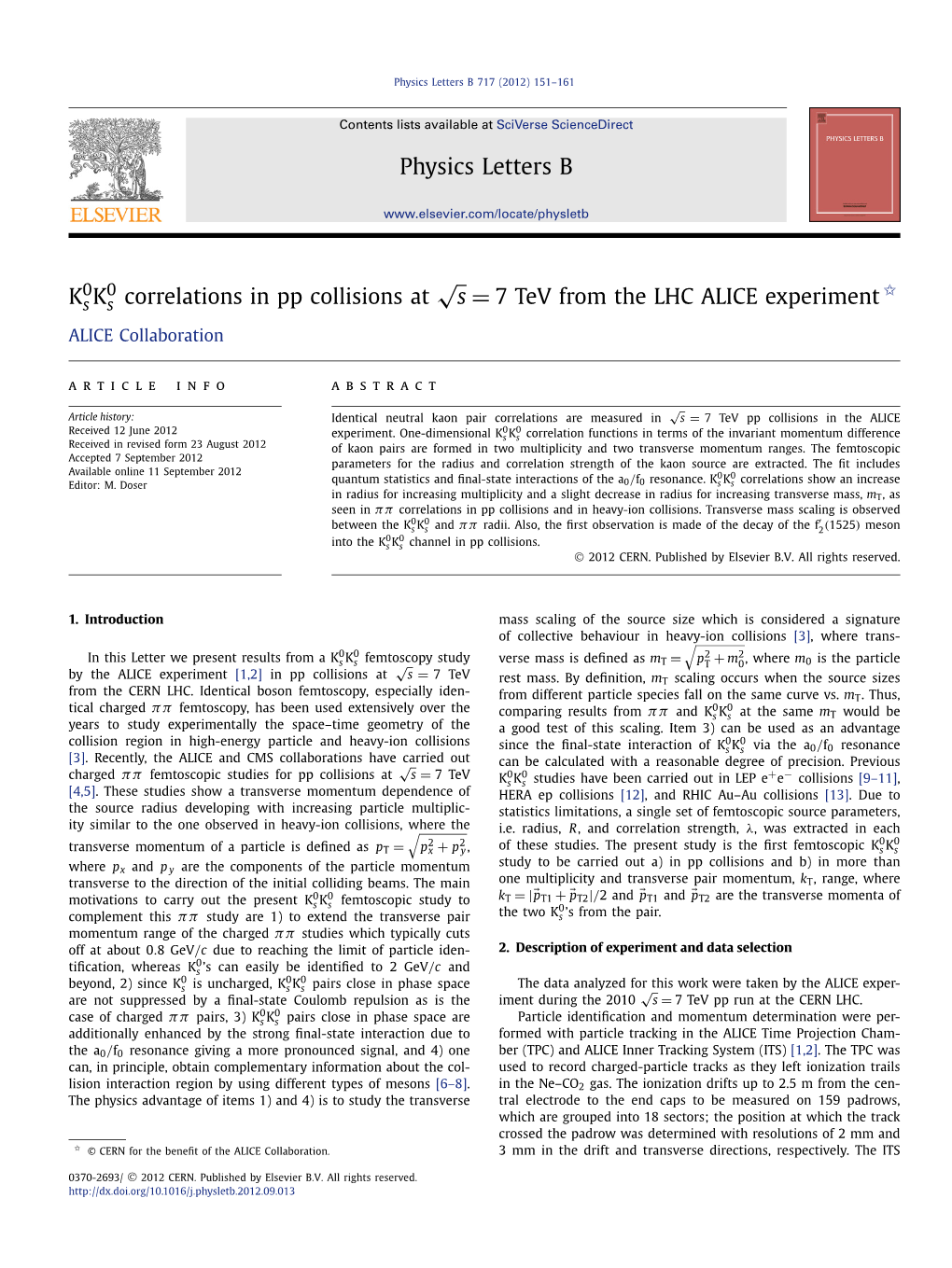 Physics Letters B K K Correlations in Pp Collisions at S = 7 Tev From