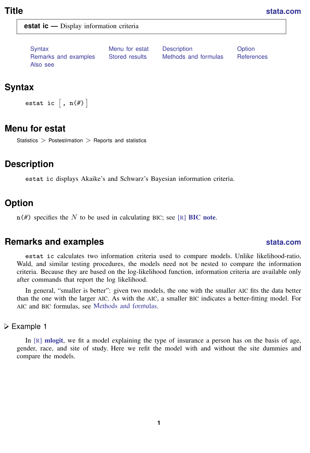 Estat Ic — Display Information Criteria