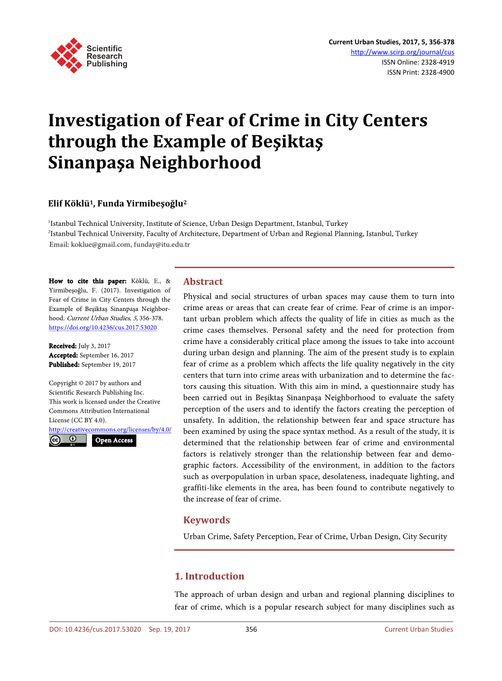 Investigation of Fear of Crime in City Centers Through the Example of Beşiktaş Sinanpaşa Neighborhood