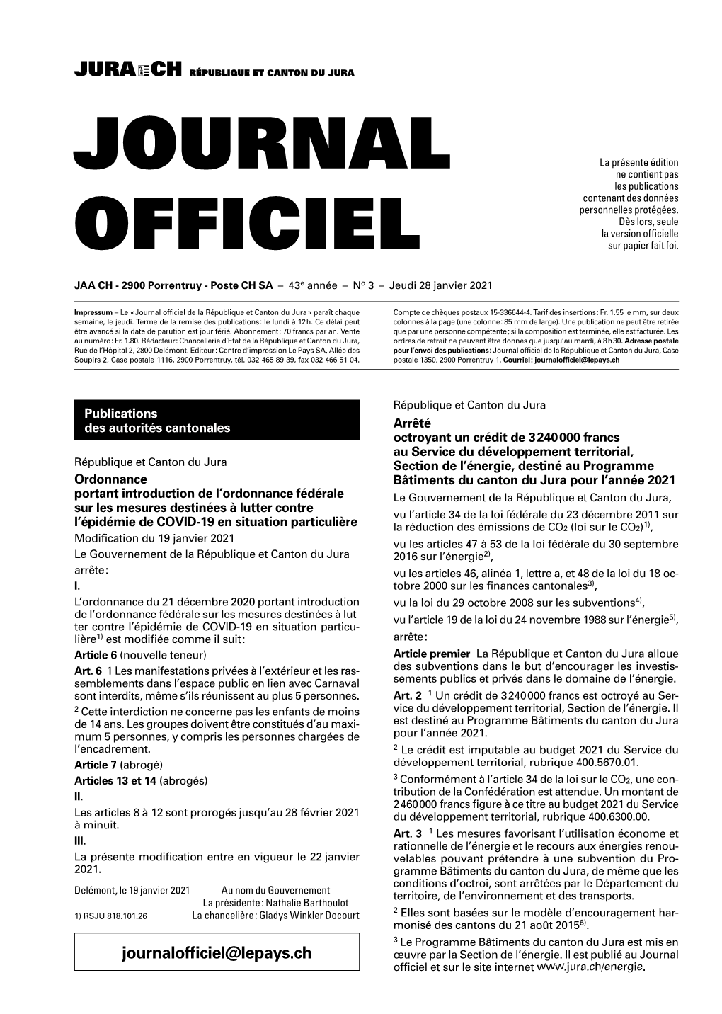 Journal Officiel De La République Et Canton Du Jura » Paraît Chaque Compte De Chèques Postaux 15-336644-4