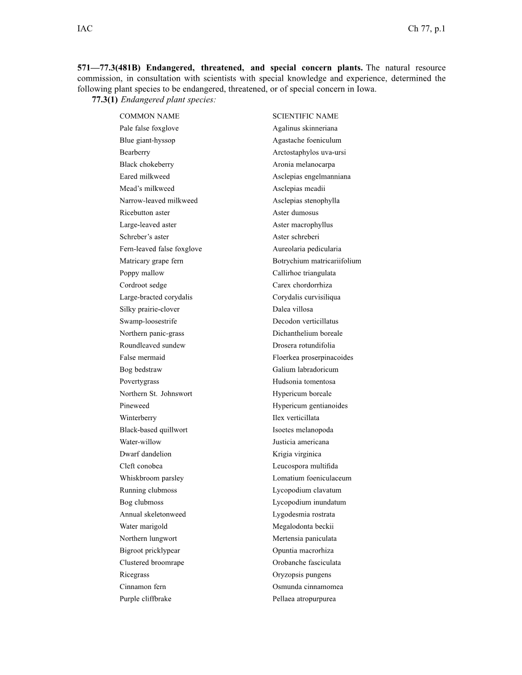 IAC Ch 77, P.1 571—77.3(481B) Endangered, Threatened, and Special Concern Plants. the Natural Resource Commission, in Consulta