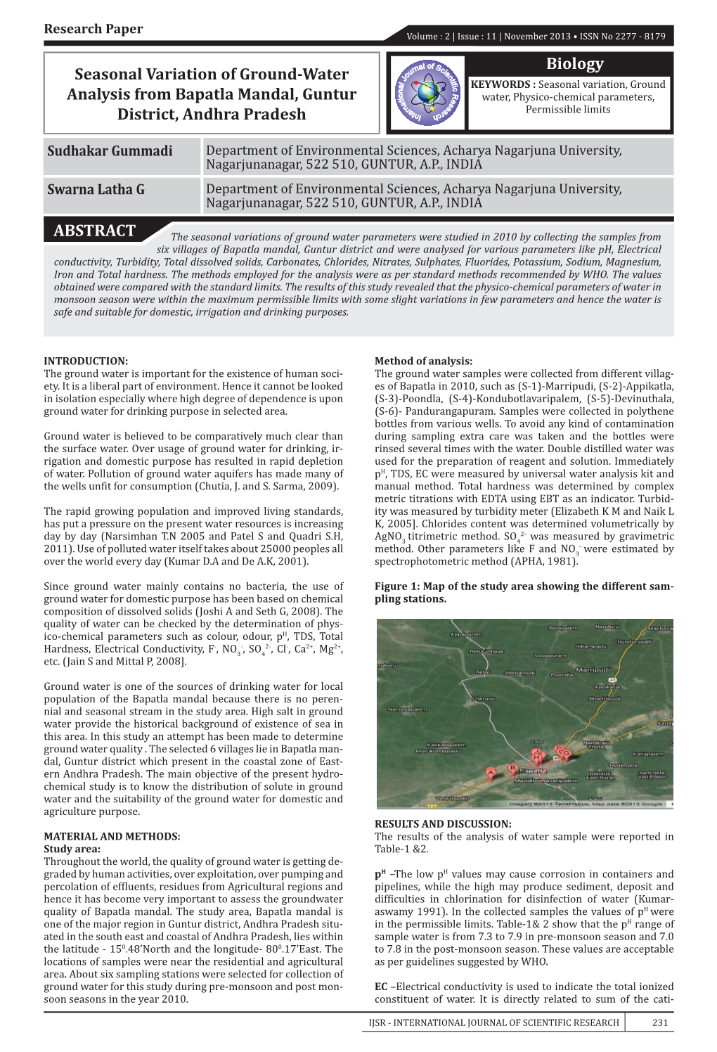 Biology ABSTRACT Seasonal Variation of Ground-Water Analysis