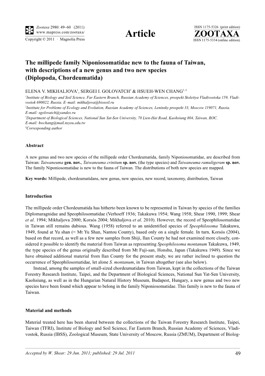 The Millipede Family Niponiosomatidae New to the Fauna of Taiwan, with Descriptions of a New Genus and Two New Species (Diplopoda, Chordeumatida)