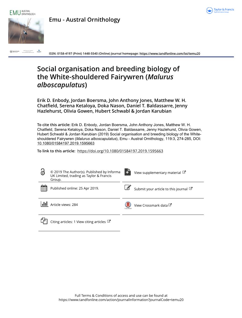 Social Organisation and Breeding Biology of the White-Shouldered Fairywren (Malurus Alboscapulatus)
