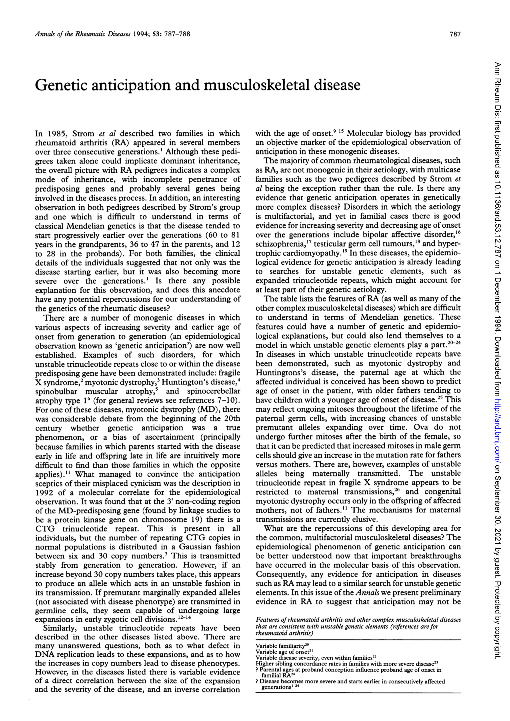 Genetic Anticipation and Musculoskeletal Disease