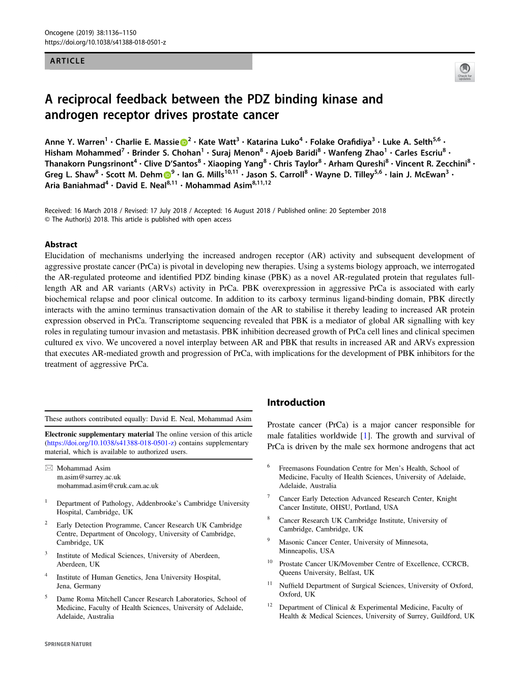 A Reciprocal Feedback Between the PDZ Binding Kinase and Androgen Receptor Drives Prostate Cancer