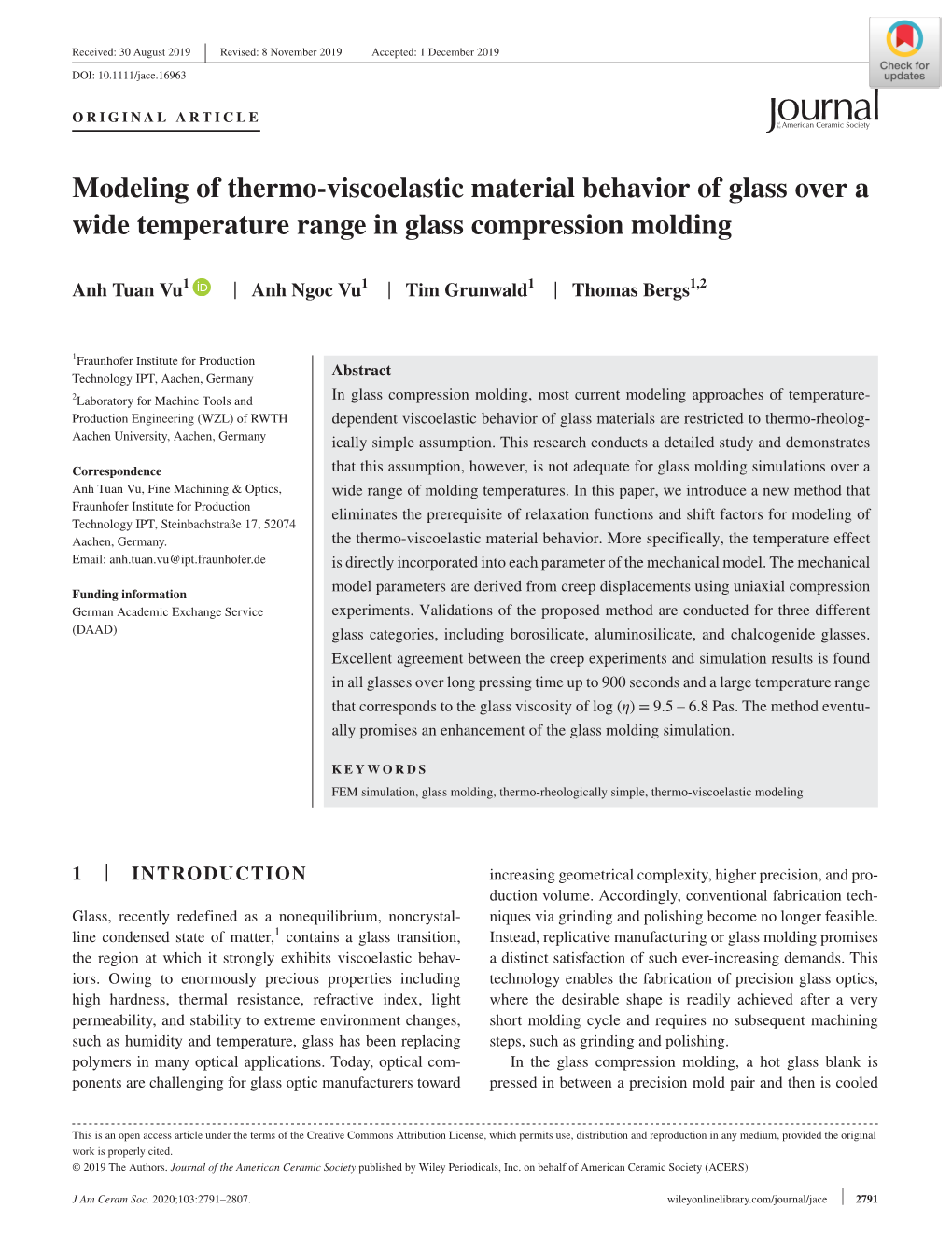 Modeling of Thermo‐Viscoelastic Material Behavior of Glass Over A