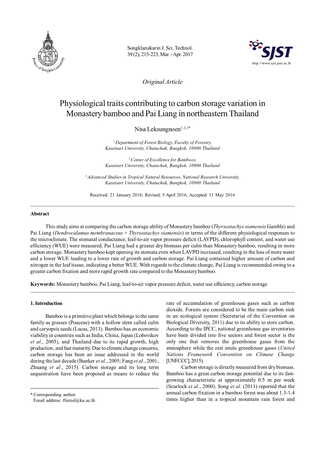 Physiological Traits Contributing to Carbon Storage Variation in Monastery Bamboo and Pai Liang in Northeastern Thailand