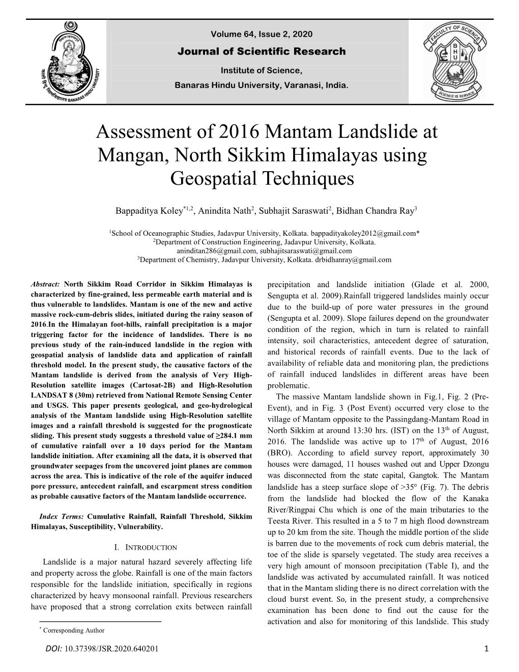 Assessment of 2016 Mantam Landslide at Mangan, North Sikkim Himalayas Using Geospatial Techniques