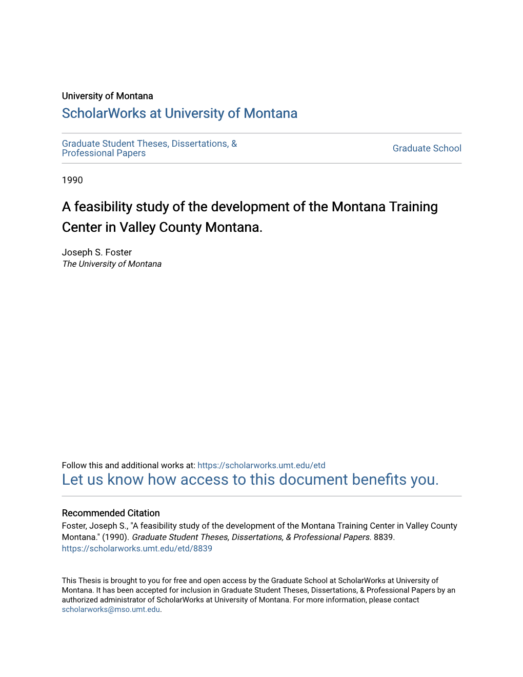A Feasibility Study of the Development of the Montana Training Center in Valley County Montana