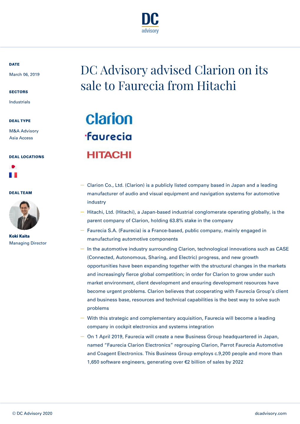 DC Advisory Advised Clarion on Its Sale to Faurecia from Hitachi