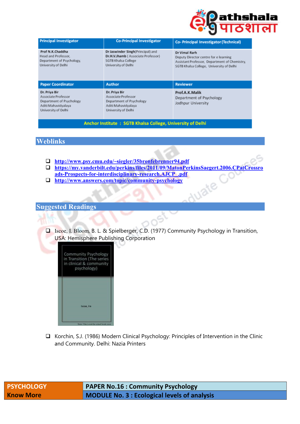 Community Psychology MODULE No. 3 : Ecological Levels of Analysis