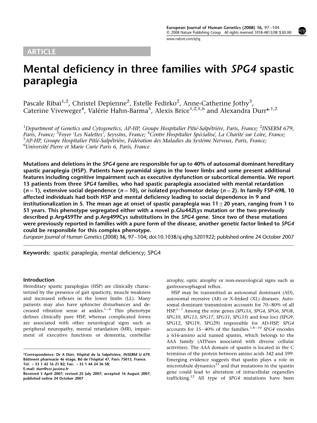 Mental Deficiency in Three Families with SPG4 Spastic Paraplegia