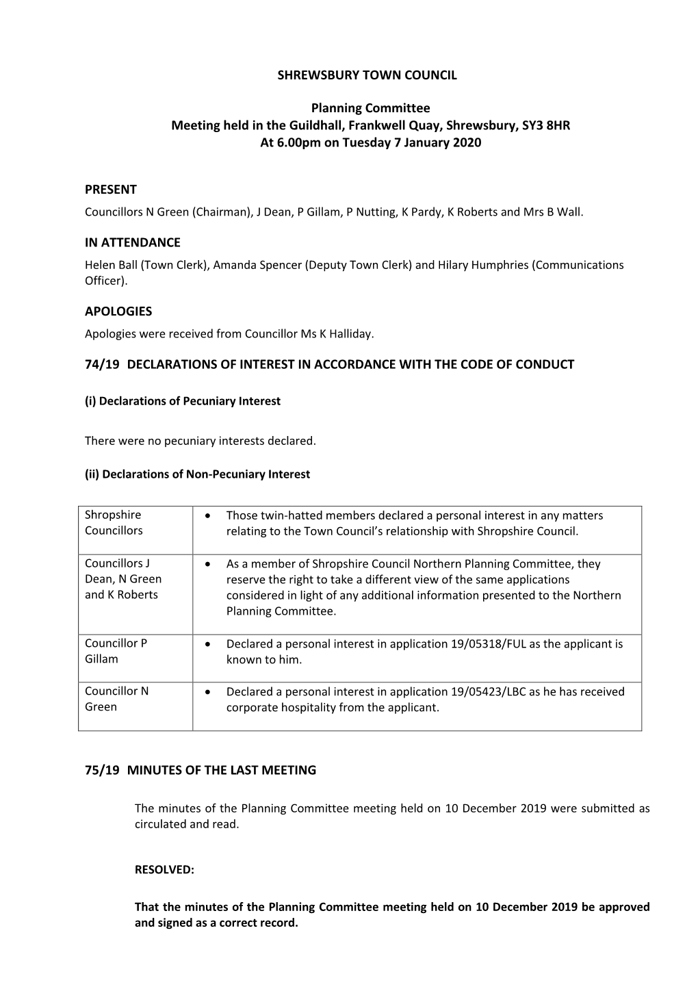 SHREWSBURY TOWN COUNCIL Planning Committee Meeting Held