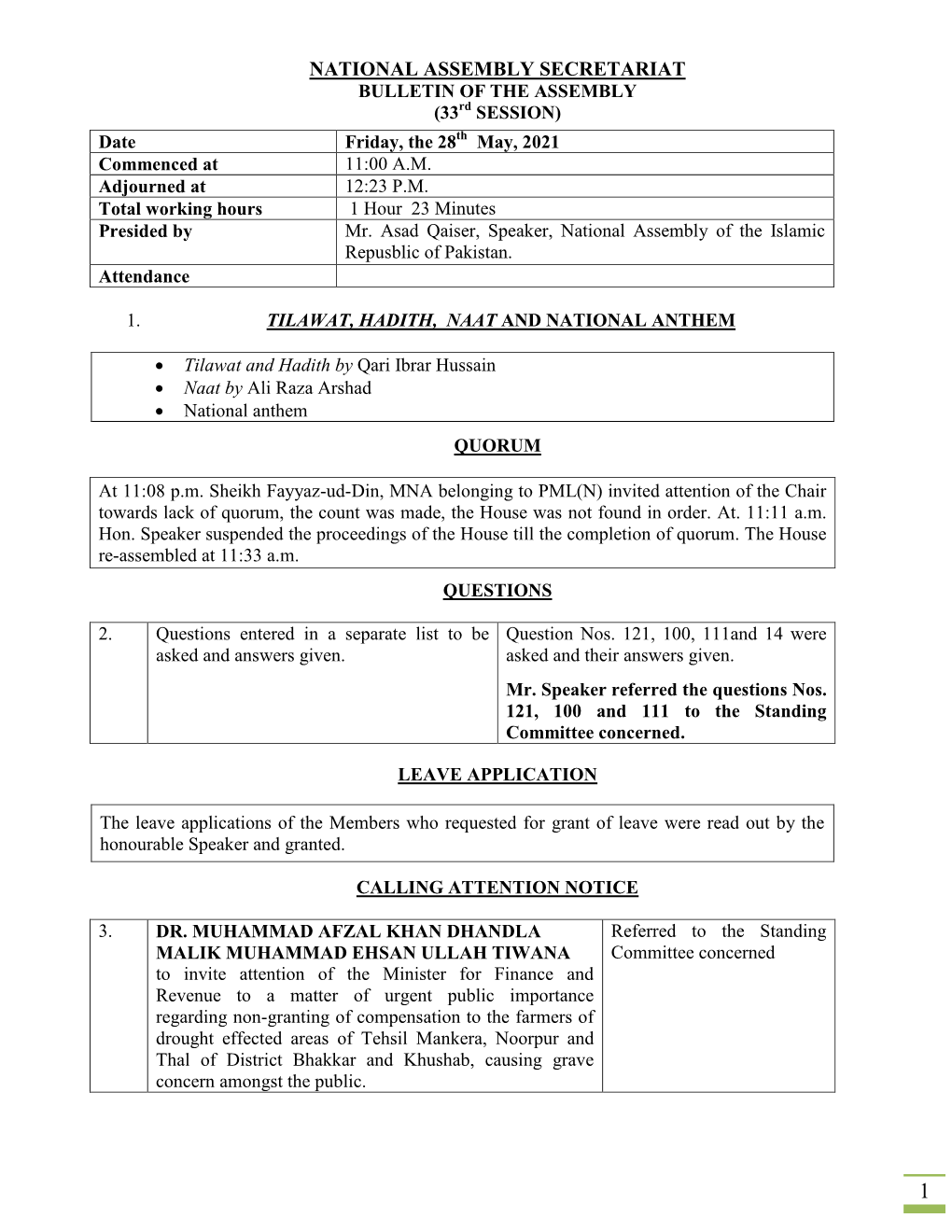 NATIONAL ASSEMBLY SECRETARIAT BULLETIN of the ASSEMBLY (33Rd SESSION)