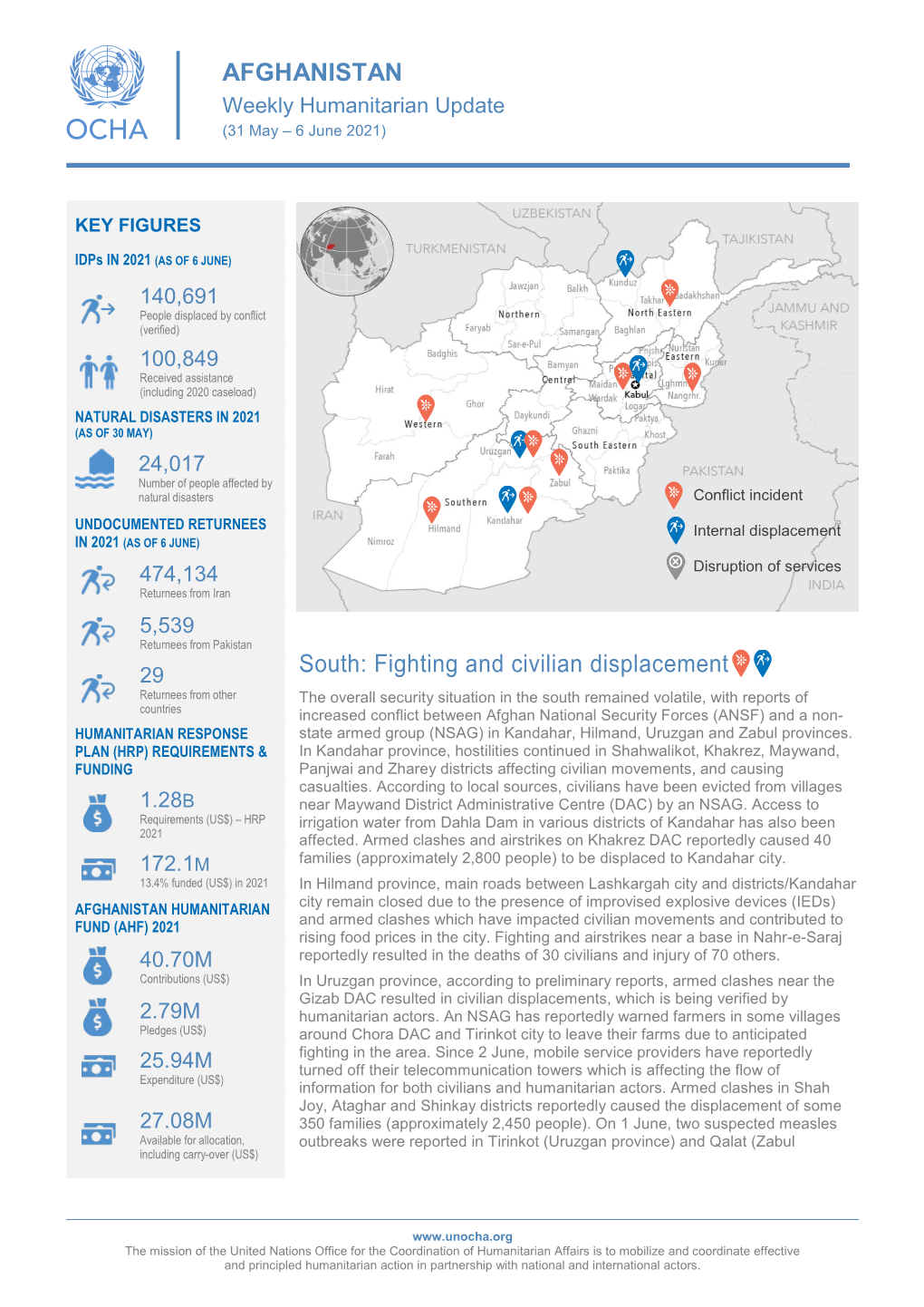 AFGHANISTAN South: Fighting and Civilian Displacement