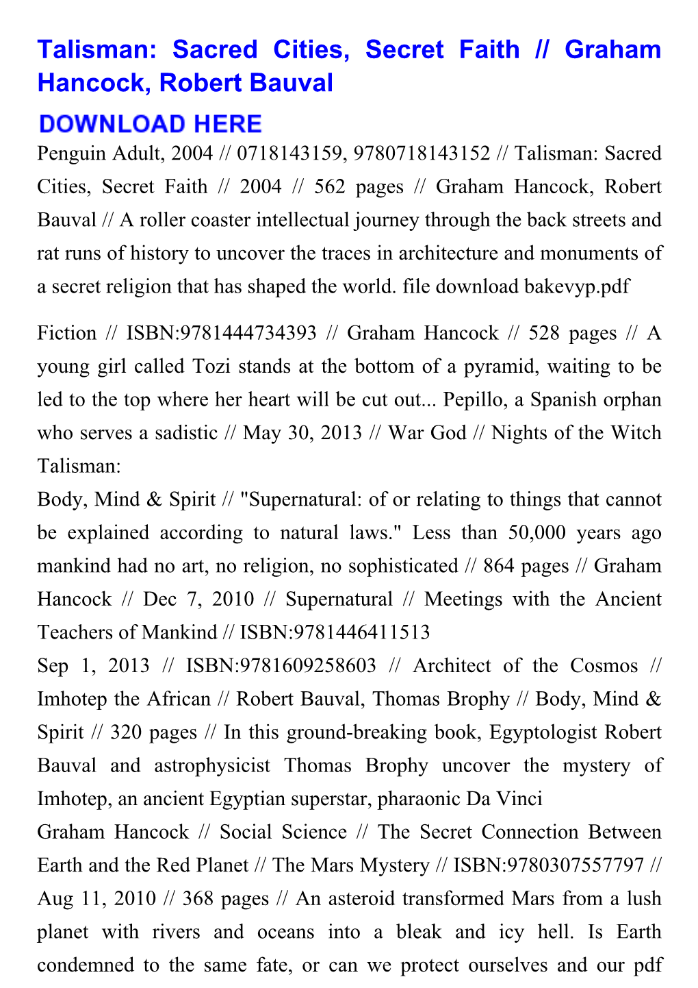 Talisman: Sacred Cities, Secret Faith // Graham Hancock, Robert Bauval