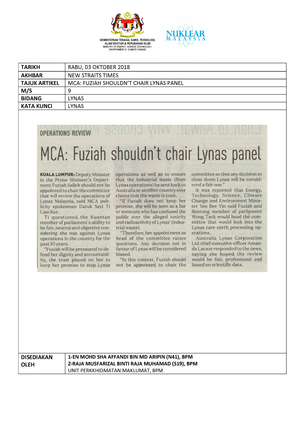 Mca: Fuziah Shouldn't Chair Lynas Panel M/S 9 Bidang Lynas Kata Kunci Lynas