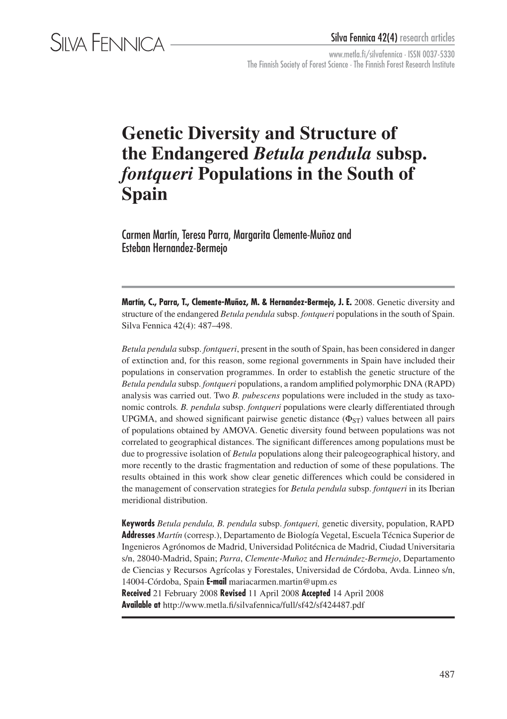 Genetic Diversity and Structure of the Endangered Betula Pendula Subsp
