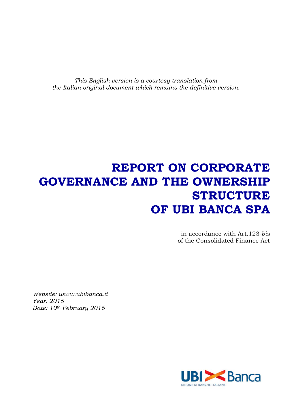 Report on Corporate Governance and the Ownership Structure of Ubi Banca Spa