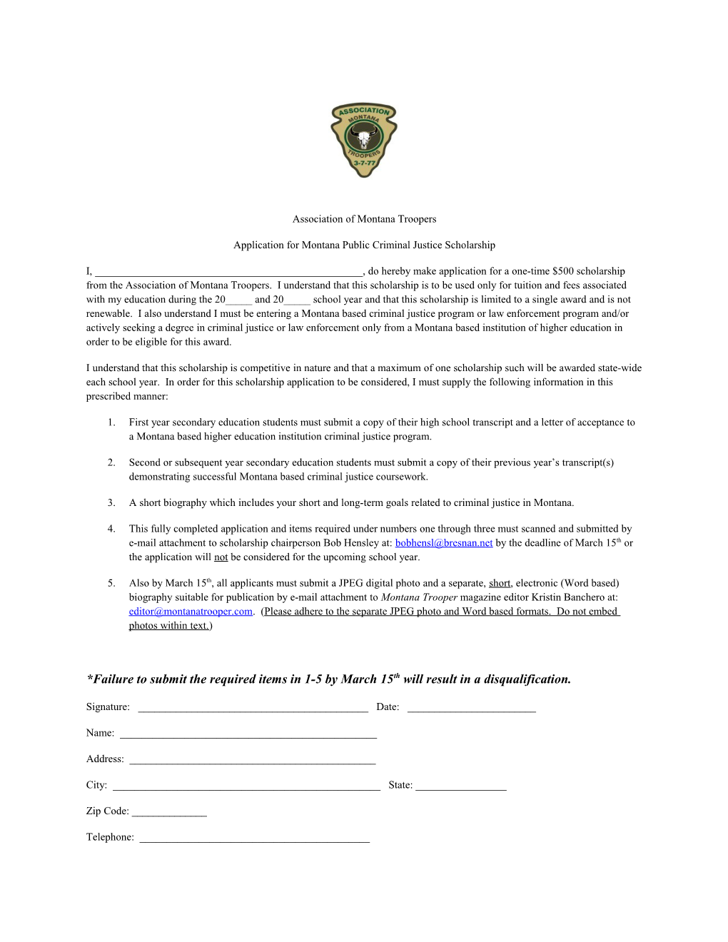 Application for Montana Public Criminal Justice Scholarship