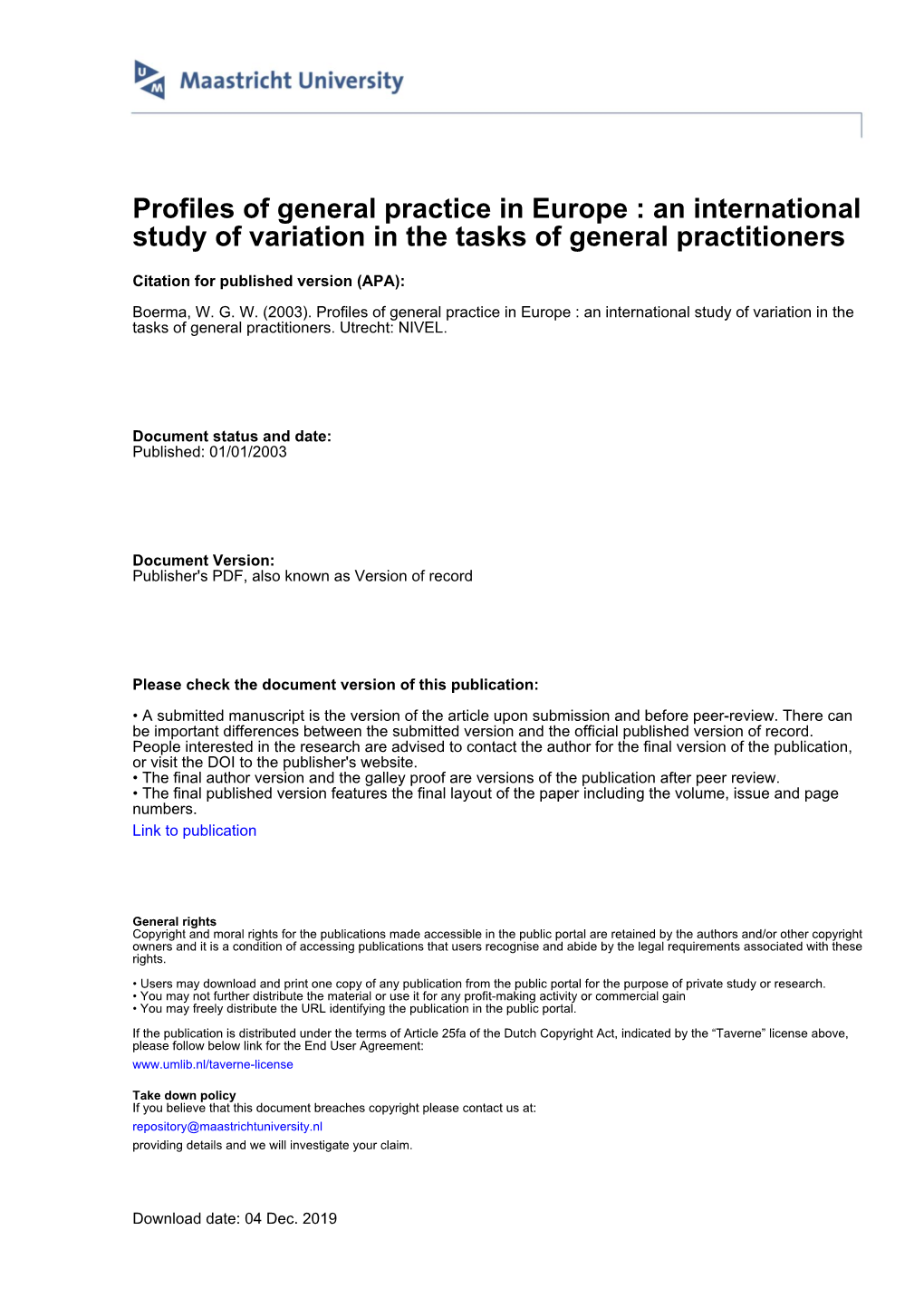 An International Study of Variation in the Tasks of General Practitioners