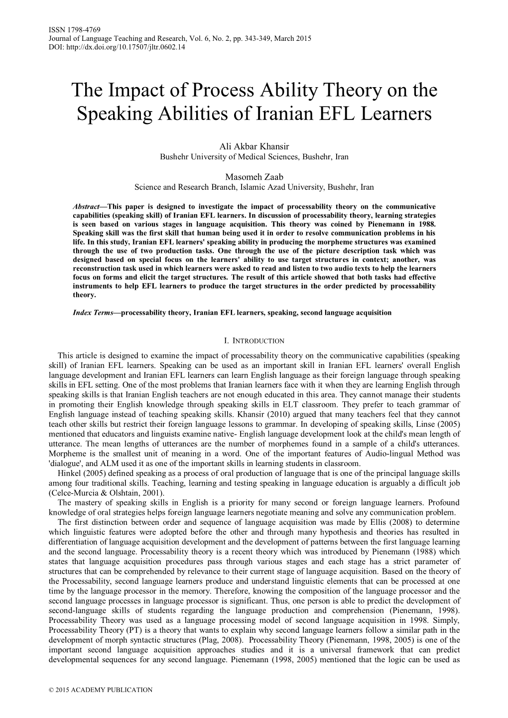 The Impact of Process Ability Theory on the Speaking Abilities of Iranian EFL Learners