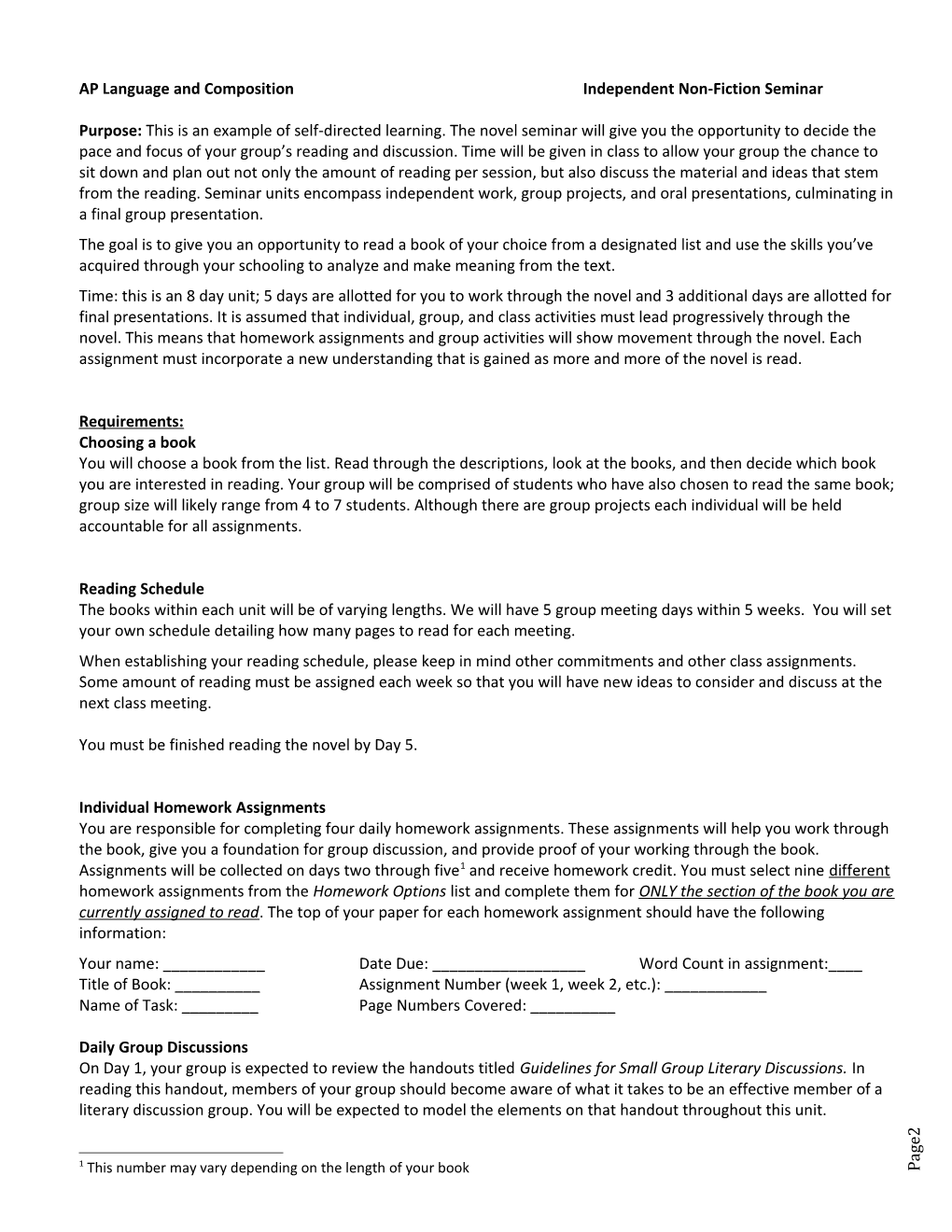 AP Language and Composition Independent Non-Fiction Seminar