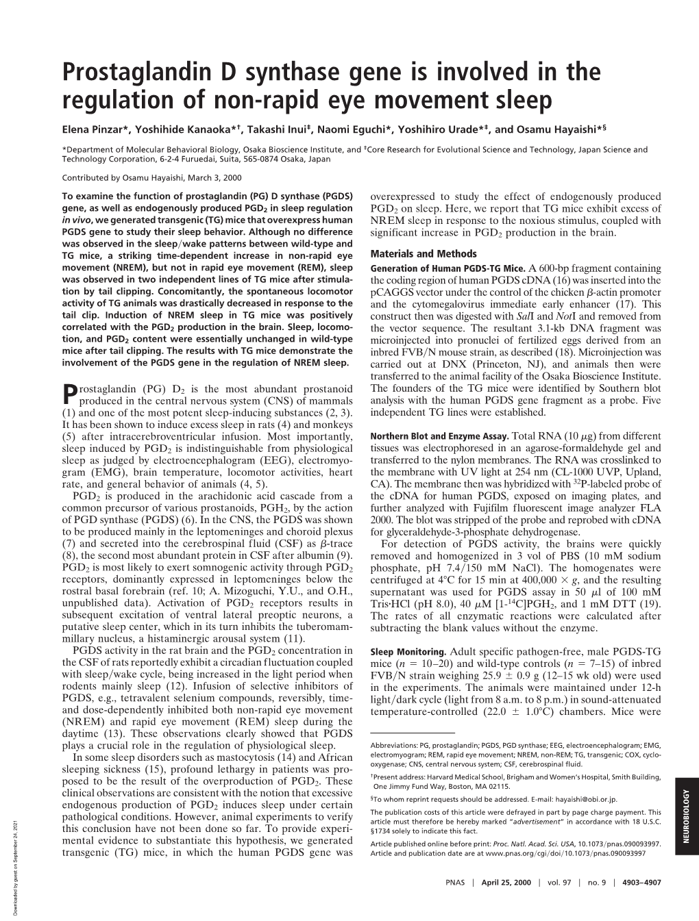 Prostaglandin D Synthase Gene Is Involved in the Regulation of Non-Rapid Eye Movement Sleep