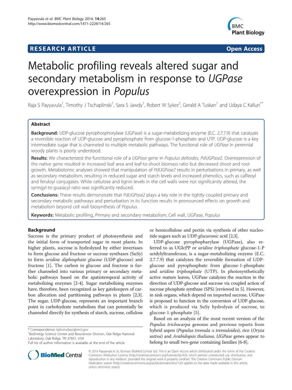 Metabolic Profiling Reveals Altered Sugar and Secondary