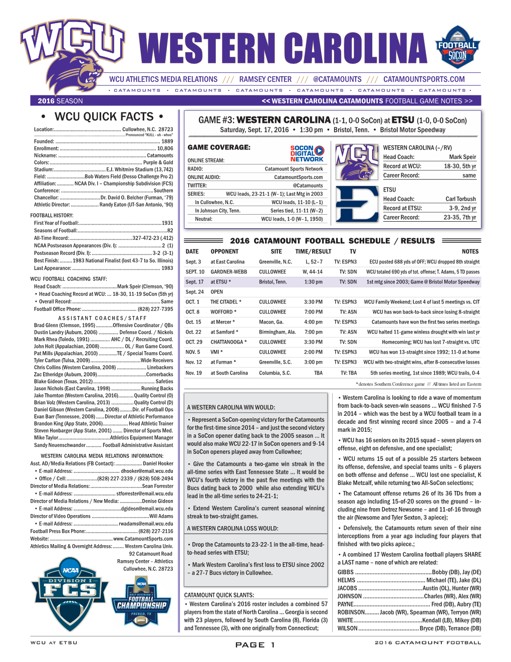 Western Carolina Catamounts Football Game Notes >>