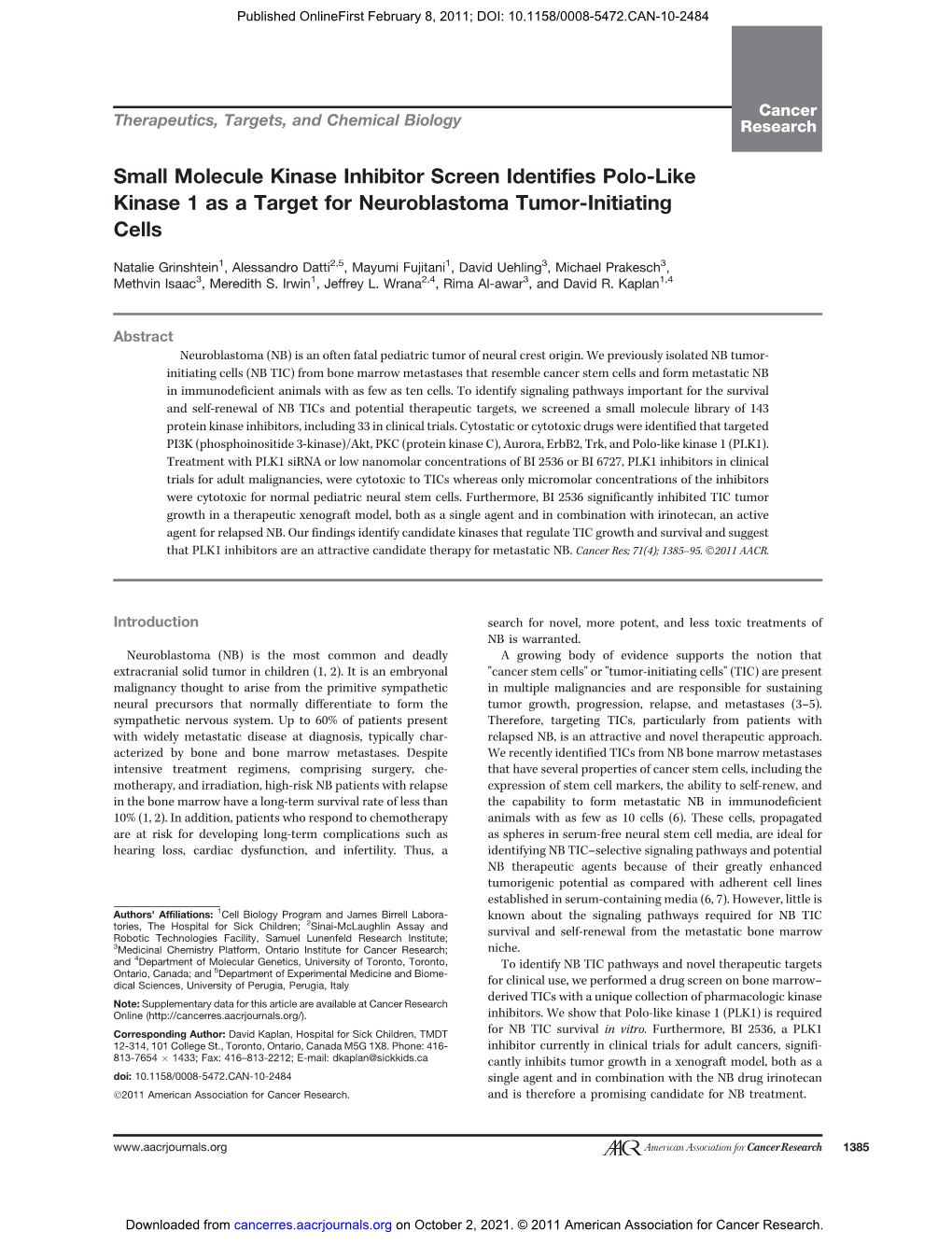 Small Molecule Kinase Inhibitor Screen Identifies Polo-Like Kinase 1 As a Target for Neuroblastoma Tumor-Initiating Cells