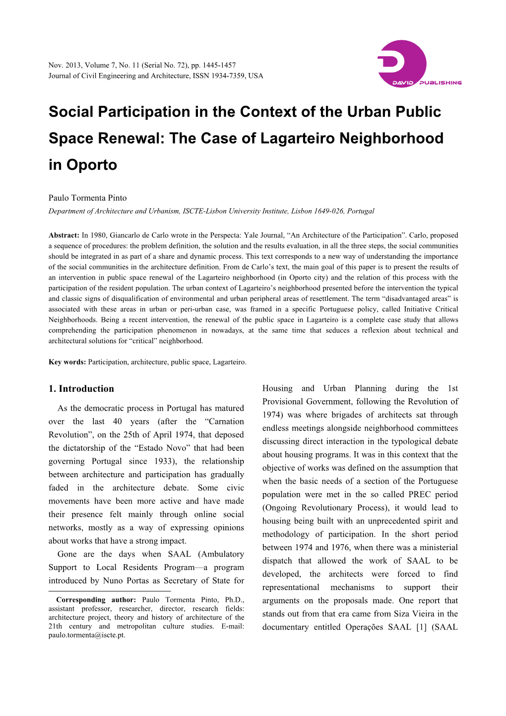 Social Participation in the Context of the Urban Public Space Renewal: the Case of Lagarteiro Neighborhood in Oporto