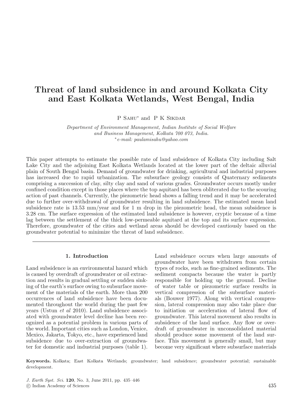 Threat of Land Subsidence in and Around Kolkata City and East Kolkata Wetlands, West Bengal, India