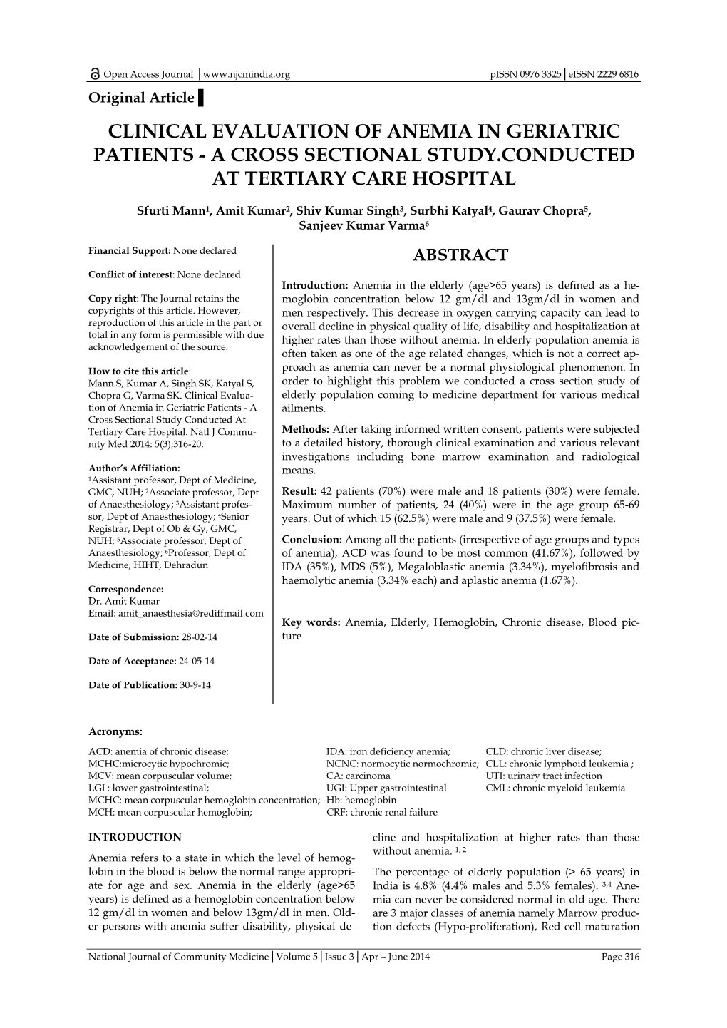 Clinical Evaluation of Anemia in Geriatric Patients - a Cross Sectional Study.Conducted at Tertiary Care Hospital