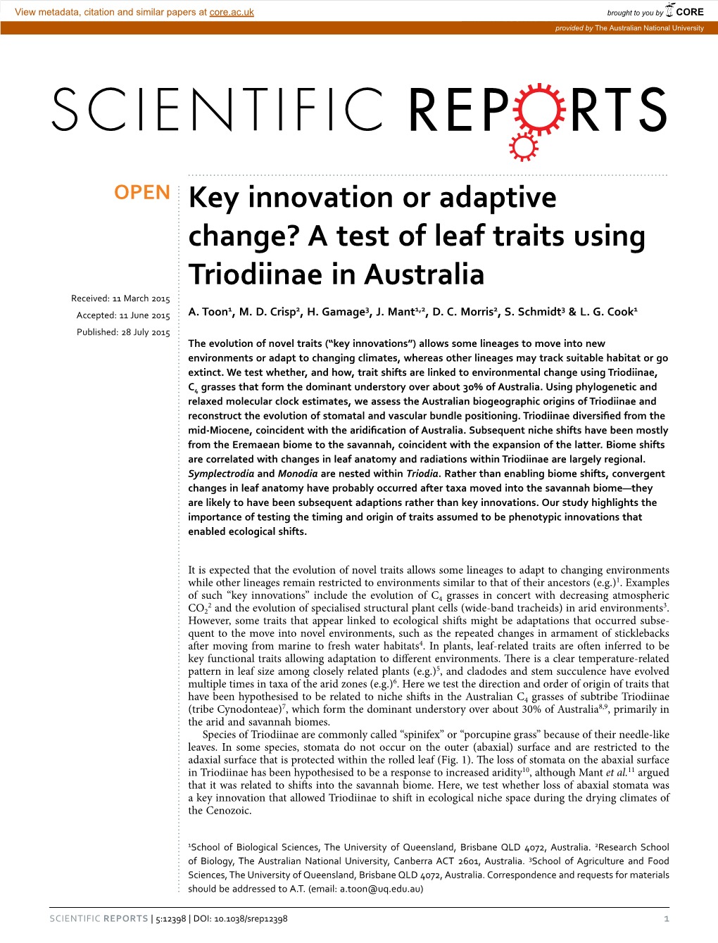 A Test of Leaf Traits Using Triodiinae in Australia Received: 11 March 2015 1 2 3 1,2 2 3 1 Accepted: 11 June 2015 A