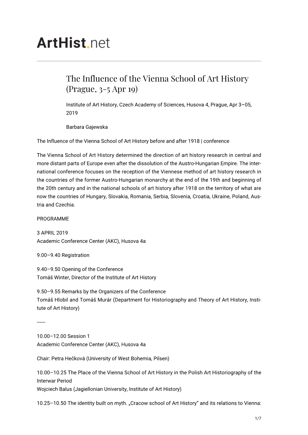 The Influence of the Vienna School of Art History (Prague, 3-5 Apr 19)