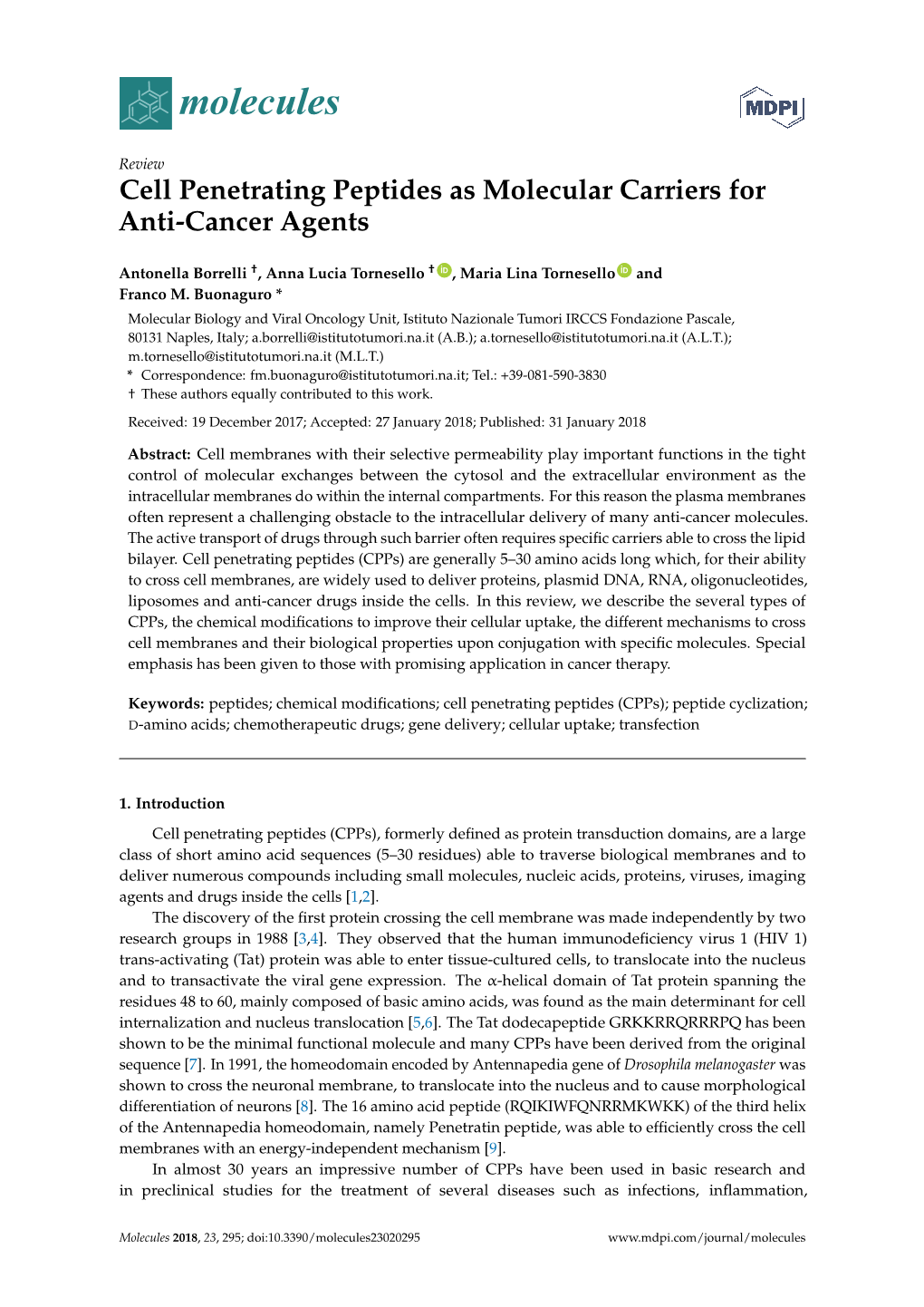 Cell Penetrating Peptides As Molecular Carriers for Anti-Cancer Agents