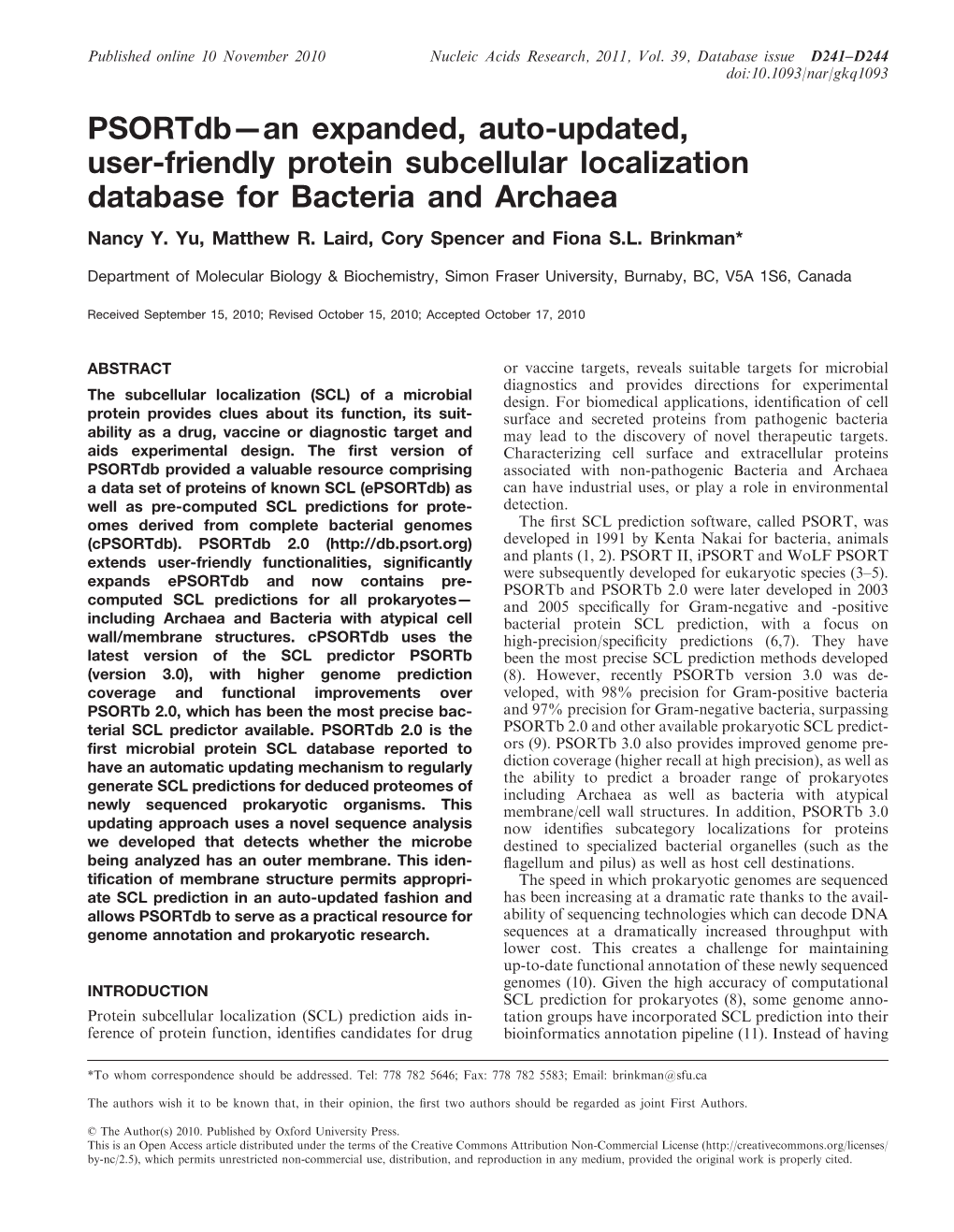 Psortdb—An Expanded, Auto-Updated, User-Friendly Protein Subcellular Localization Database for Bacteria and Archaea Nancy Y