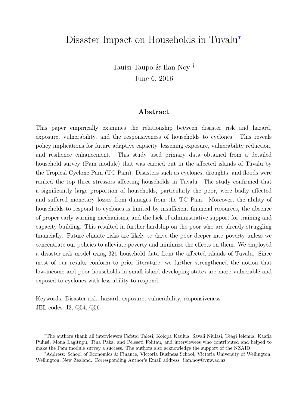 Disaster Impact on Households in Tuvalu∗