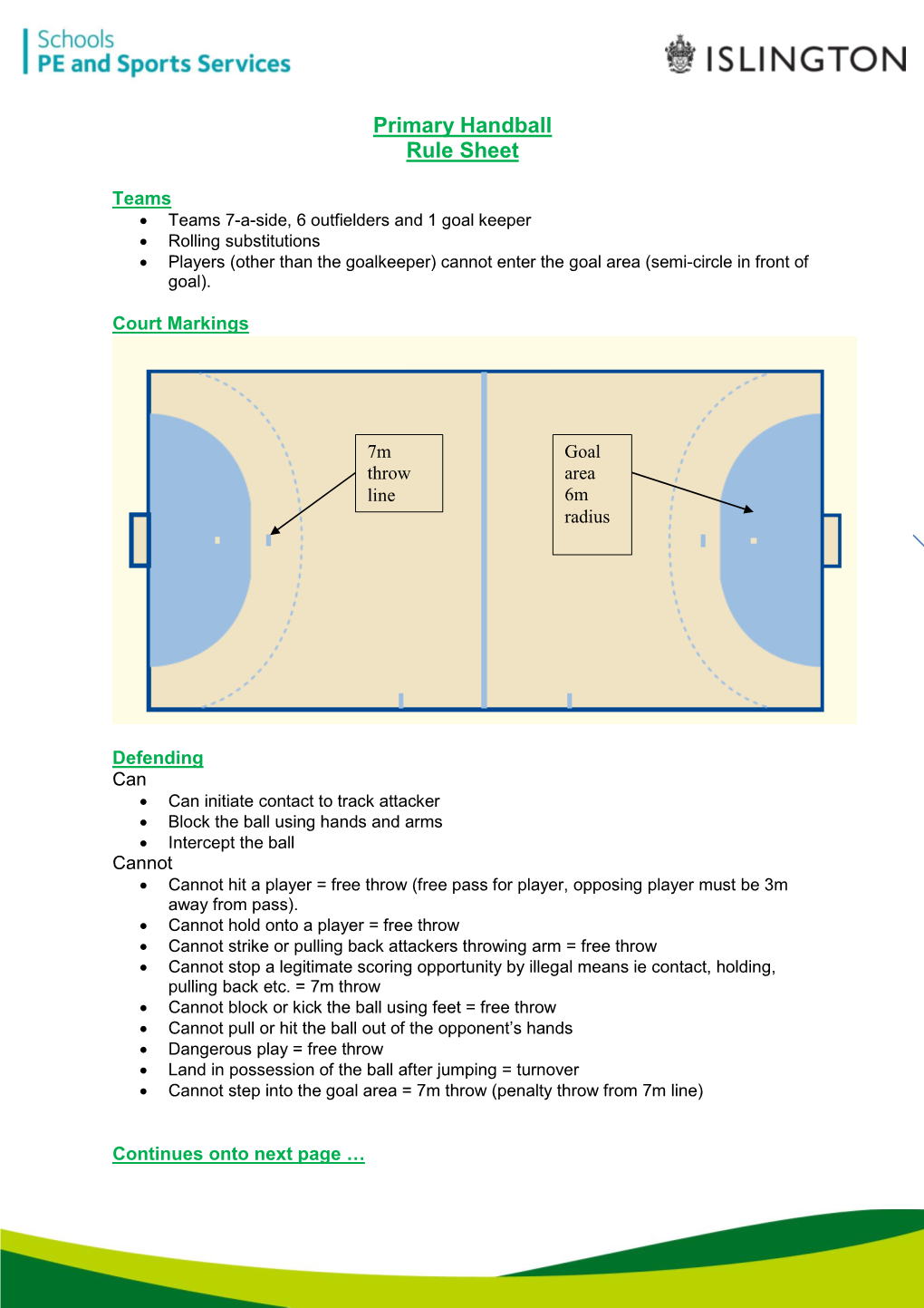 Primary Handball Rule Sheet