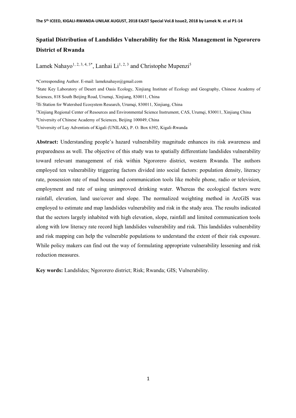 Spatial Distribution of Landslides Vulnerability for the Risk Management in Ngororero District of Rwanda