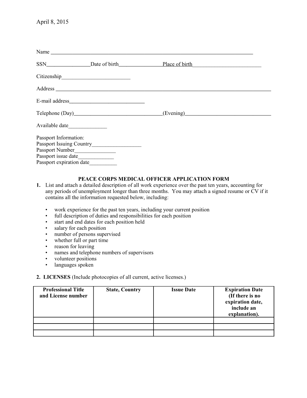 Peace Corps Medical Officer Application Form